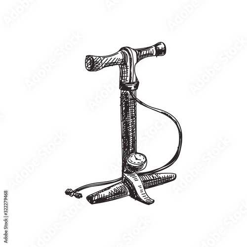 Bicycle pump hand drawn black and white vector illustration