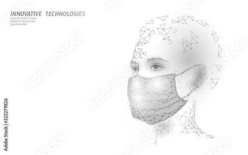 Woman face mask. Infection pneumonia prevention healthcare. 3D low poly female human white banner. Wear surgical medical mask against virus epidemic vector illustration