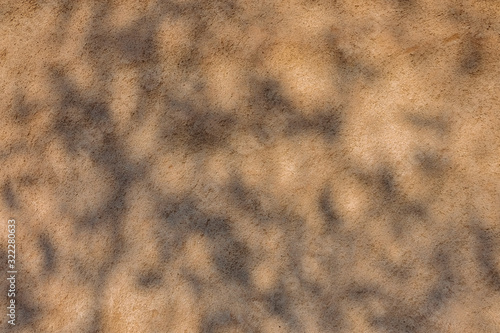 The texture of the wall is made of sandy yellow brick with shadows from leaves and trees. The texture of the sand  the sun-drenched shadows