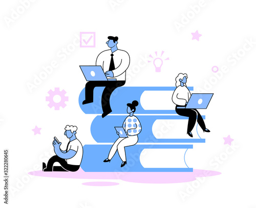 Businessmen on a stack of books. Concept of business education, online courses, e-learning or tutorials. Flat isolated vector illustration. Cartoon style flat vector illustration.