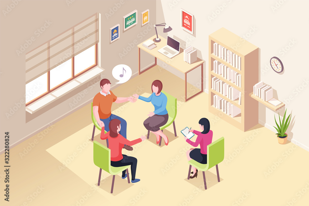 People at group psychotherapy session, vector isometric design. Psychologist doctor and patients support group at psychology music therapy for relationship crisis and mental problems