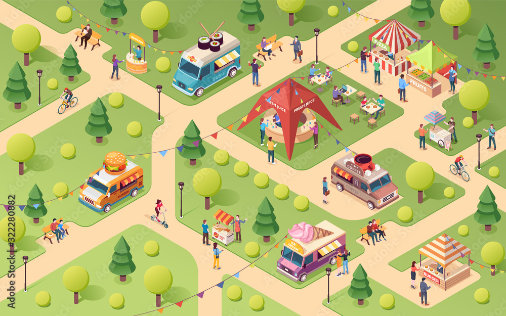 Summer park at street food festival. Van or truck with sushi and ice-cream, coffee and burger. Lemonade counter, juice tent, pizza and fruits stall, hot-dog snack.Vector isometric outdoor holiday sign - obrazy, fototapety, plakaty 