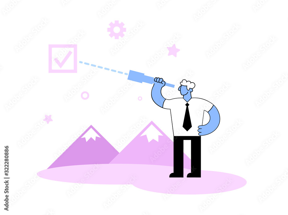Cartoon businessman looking through a spyglass searching for solution. Cartoon style flat vector illustration. Isolated on white background. Cartoon businessman looking through a spyglass searching for solution. Cartoon style flat vector illustration. Isolated on white background.