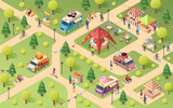 Summer park at street food festival. Van or truck with sushi and ice-cream, coffee and burger. Lemonade counter, juice tent, pizza and fruits stall, hot-dog snack.Vector isometric outdoor holiday sign