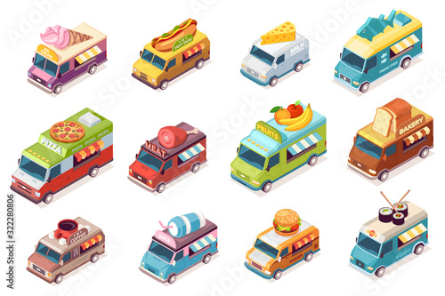 Set of isolated street food trucks. Vector food van with fast food and drink. Ice-cream and meat, hot do and milk, cheese, fish, pizza, fruit, bakery, bread, coffee, juice, burger, sushi. Car or auto