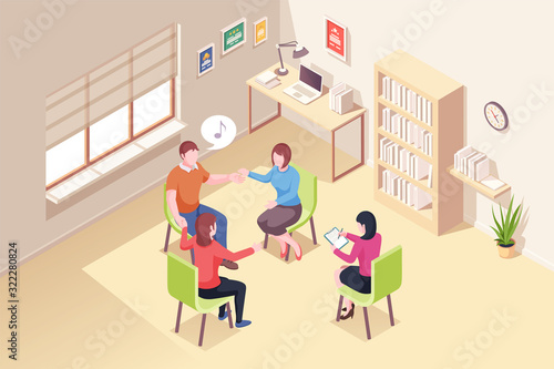 People at group psychotherapy session, vector isometric design. Psychologist doctor and patients support group at psychology music therapy for relationship crisis and mental problems