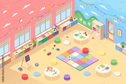 Isometric vector kindergarten room or playroom for preschool kids. Children education or learn room with toys, books, number, carpet, cubes, table, flags.Interior of cartoon class for pre school child