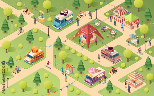 Fototapeta Naklejka Na Ścianę i Meble -  Summer park at street food festival. Van or truck with sushi and ice-cream, coffee and burger. Lemonade counter, juice tent, pizza and fruits stall, hot-dog snack.Vector isometric outdoor holiday sign
