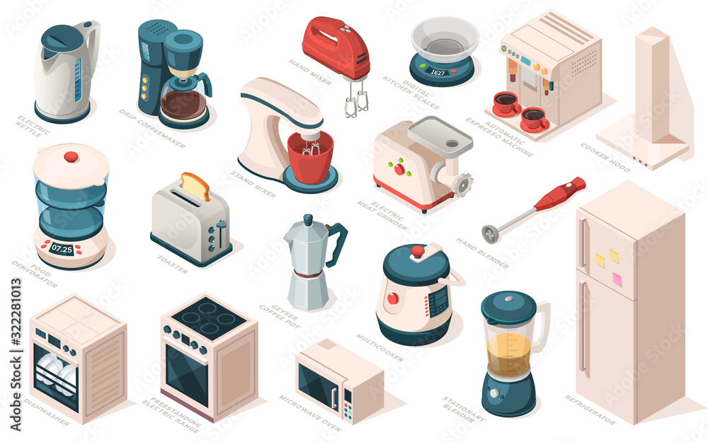 Kitchen appliance set, equipment, item for cooking. Kettle, coffee maker machine, mixer, meat grinder, hood, scales, blender, toaster, food dehydrator, fridge, multicooker, microwave, oven, dishwasher