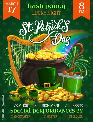 Patricks Day Irish pub party green invitation. Vector gold pot, green shamrock and leprechaun hat, shoes, treasure cauldron golden coins and rainbow, harp and firework. Holiday of Ireland
