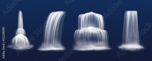 Set of isolated realistic vector cascade waterfall isolated on transparent background. Mountain fall of water, park stream or liquid drop. Victoria and niagara. Scenery and landscape, nature theme photo