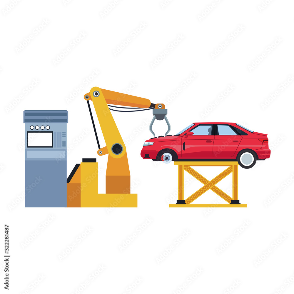 robotic arm holding a car icon, colorful design