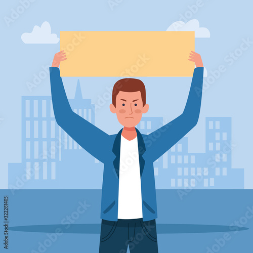 cartoon angry man holding up a blank sign