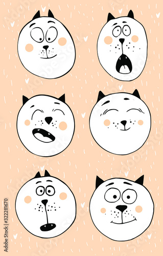 Set of funny cats. Cute design for birthdays cards, childish posters, fabric design, paper design, textiles, background, stickers, greeting, planner, diary, t-shirt print design. Vector Isolated.