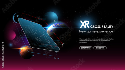 Game console portable handheld, Creative futuristic concept. Modern template for web and print. Cross reality concept.