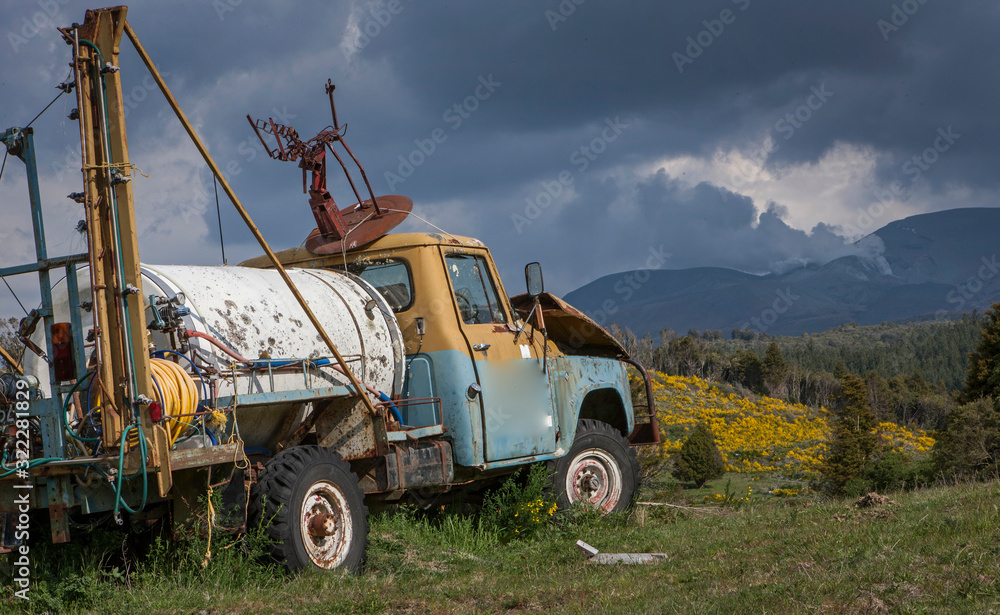 Tongariro National Park New Zealand . Abandoned sprayer truck