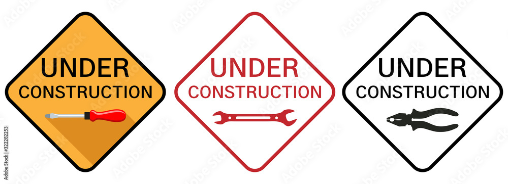 Under construction sign. Under construction website page. Border stripe web, warning banner. Caution attention symbol illustration. Under construction sign. Under construction website page. Border stripe web, warning banner. Caution attention symbol illustration.