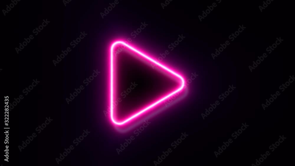Pink neon play button sign blinks and appear in center Pink neon play button sign blinks and appear in center