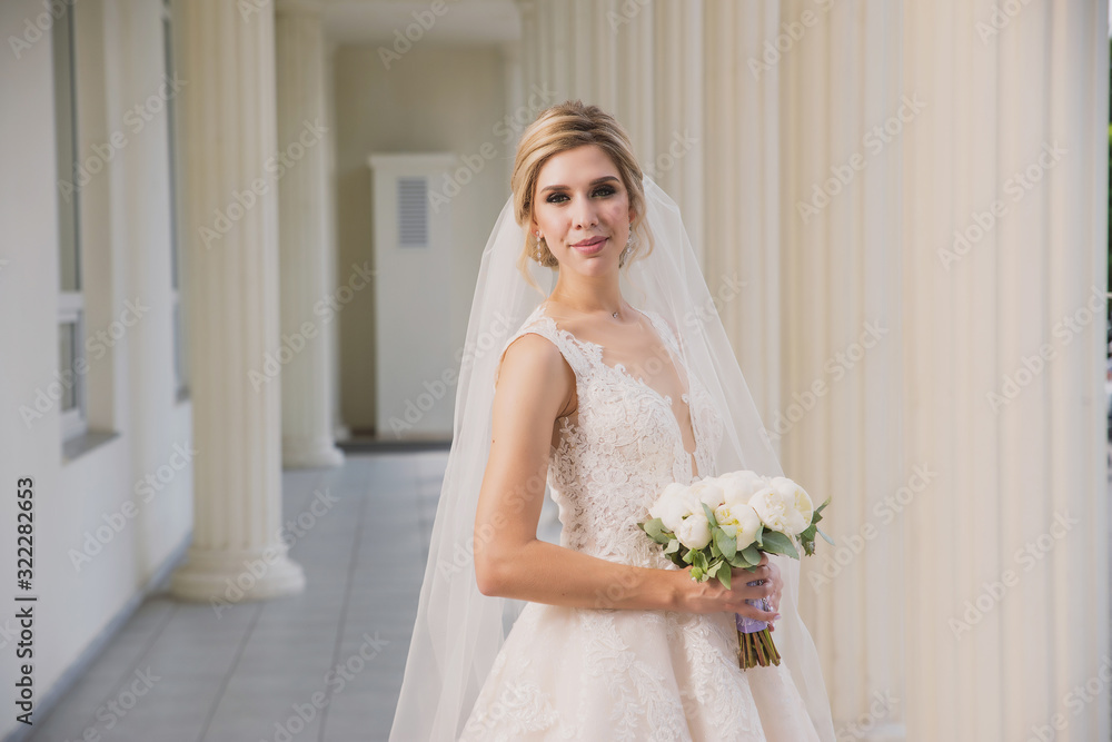 A beautiful girl in a wedding dress stands against the background of columns and nature A beautiful girl in a wedding dress stands against the background of columns and nature