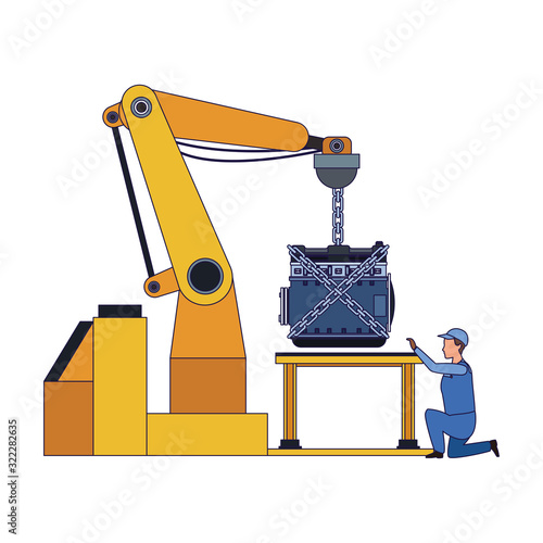 industrial arm holding a car engine and mechanic supervising