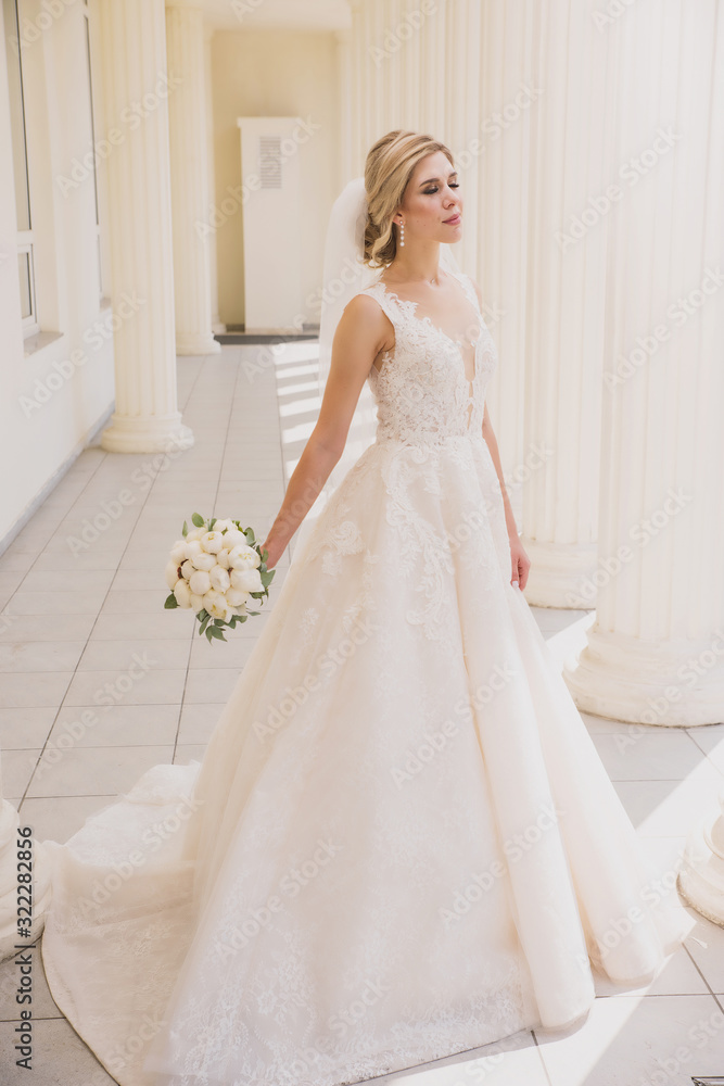 A beautiful girl in a wedding dress stands against the background of columns and nature A beautiful girl in a wedding dress stands against the background of columns and nature