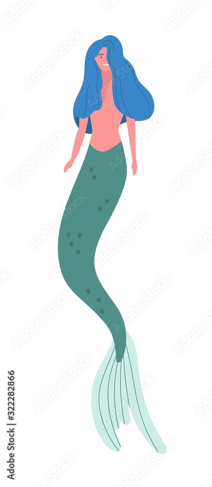 Smiling cartoon half woman and fish vector flat illustration. Colorful mythology creature mermaid with blue hair isolated on white background. Magical female water nymph Smiling cartoon half woman and fish vector flat illustration. Colorful mythology creature mermaid with blue hair isolated on white background. Magical female water nymph