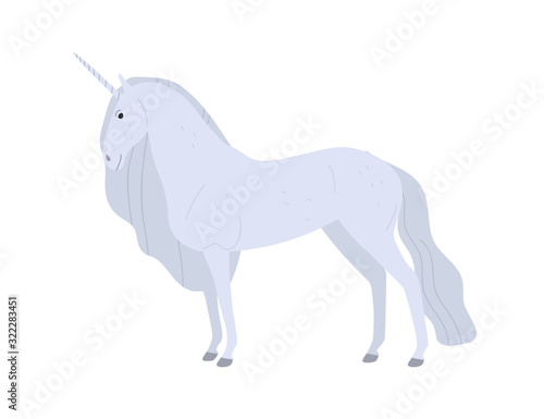 Beautiful fantasy white unicorn vector flat illustration