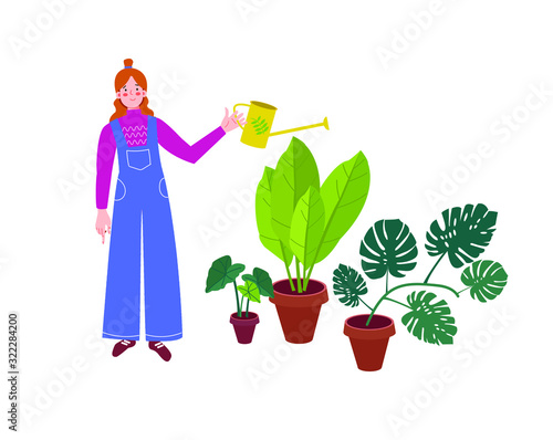Young smiling woman or gardener taking care of home garden. Girl takes care of potted flowers. Greenhouse, plants growing in pots. Flat cartoon vector illustration.