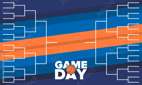 March Basketball Madness. Game Day Party. Professional team championship. Playoff grid, tournament bracket. Regular season and final game. Ball for basketball. Sport poster. Vector illustration