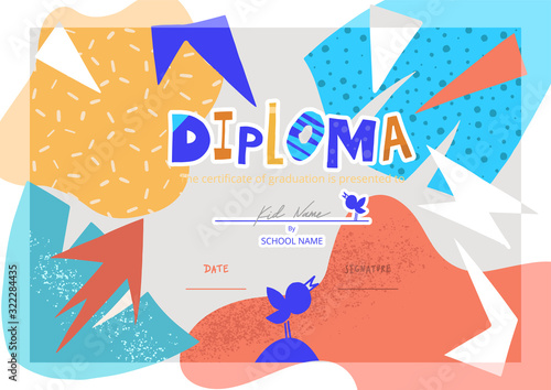 Modern colorful Diploma template for kids. Vector illustration template certificate background with hand drawn letters of Preschool school, preschool or playschool