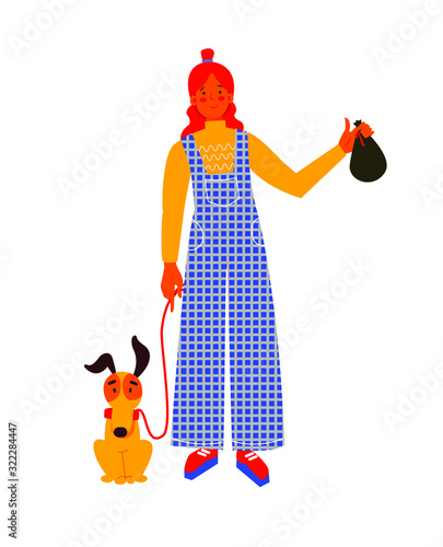 clean up after your dog. A young girl just picked a dog's poop inside a plastic bag. Clean sidewalk awareness message, to promote civility in a town.