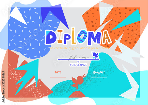 Modern colorful Diploma template for kids. Vector illustration template certificate background with hand drawn letters of Preschool school, preschool or playschool