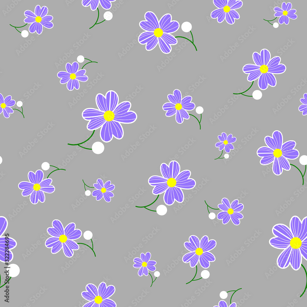 Seamless cute floral spting pattern background. Blue flower pattern on gray background. Mothers Day, 8 March