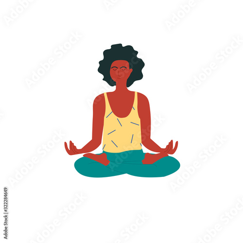 Afro-american woman meditating in lotus pose or padmasana yoga asana isolated on white. Yoga, stretching, pilates instructor. Physical activity as a way to relieve stress. Physical and mental health.