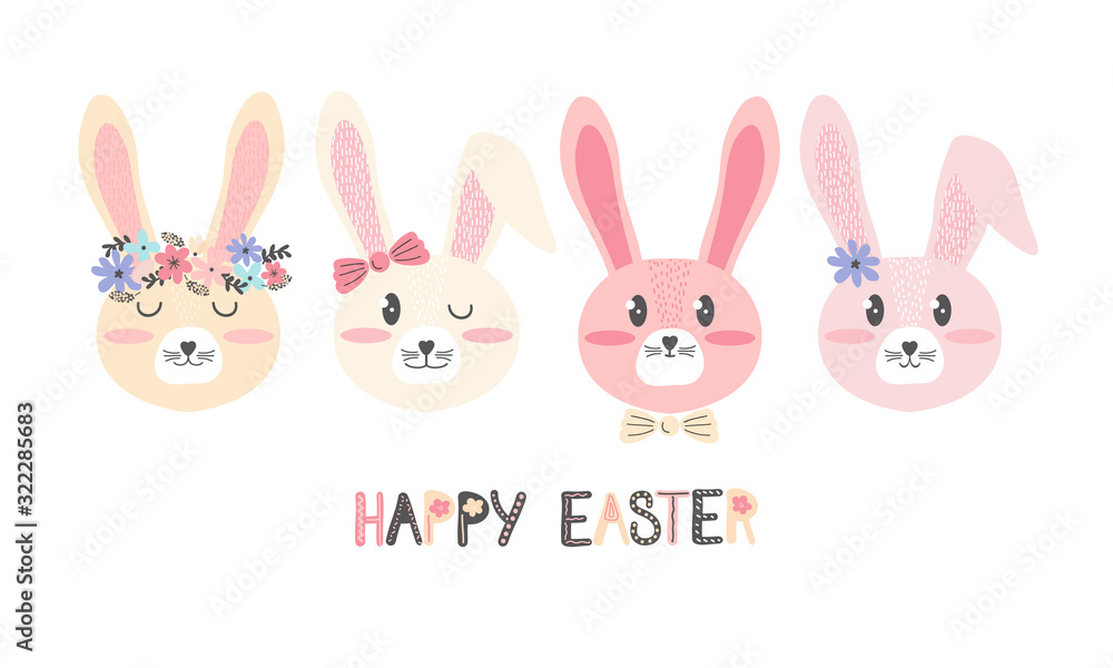 Cute Easter pink and yellow bunnies. Horizontal greeting card or banner in Scandinavian hand drawn style. Face close up cartoon character. Little cartoon rabbit. Happy Easter. Cute Easter pink and yellow bunnies. Horizontal greeting card or banner in Scandinavian hand drawn style. Face close up cartoon character. Little cartoon rabbit. Happy Easter.