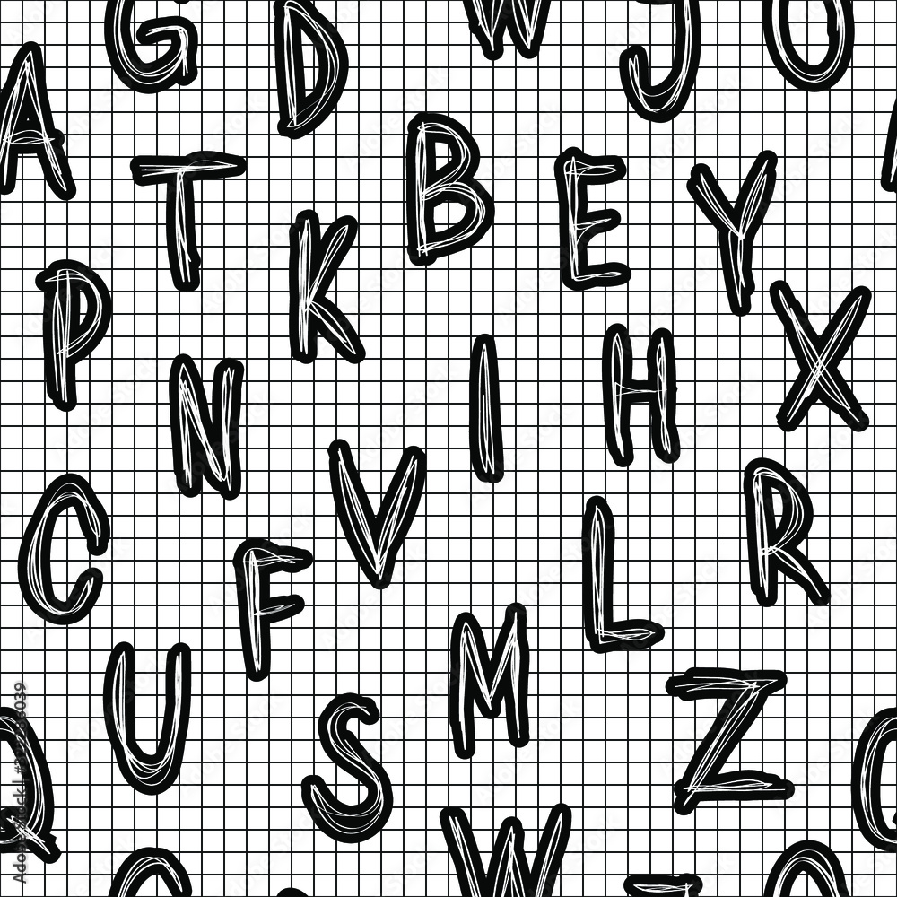 Seamless black and white monochrome back to school font vector pattern with hand drawn letters on grid background. Gift wrapping paper, interior, cloth, fabric or web design. Seamless black and white monochrome back to school font vector pattern with hand drawn letters on grid background. Gift wrapping paper, interior, cloth, fabric or web design.