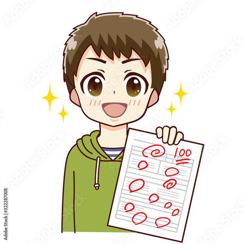 成績が上がった男の子のイラスト　100点