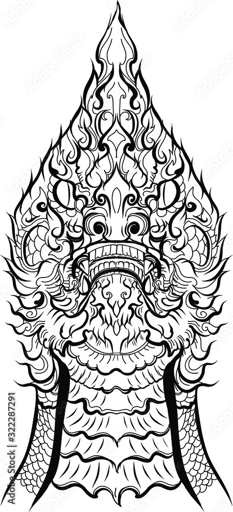 Fototapeta premium Hand drawn Thai Dragon silhouette and paper cut style, Line Thai is Thailand Style and Tattoo design.The Naga is a wild animal in the Himmapan Forest.