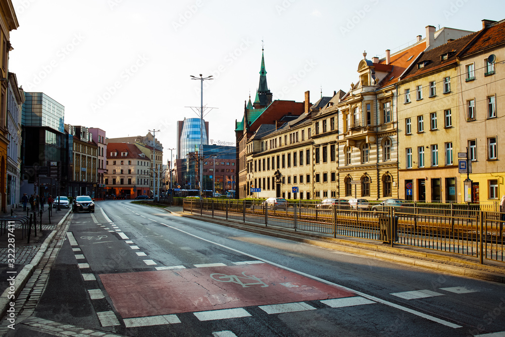 WROCLAW, POLAND - APRIL 30, 2019: Empty street at the morning in city center. .