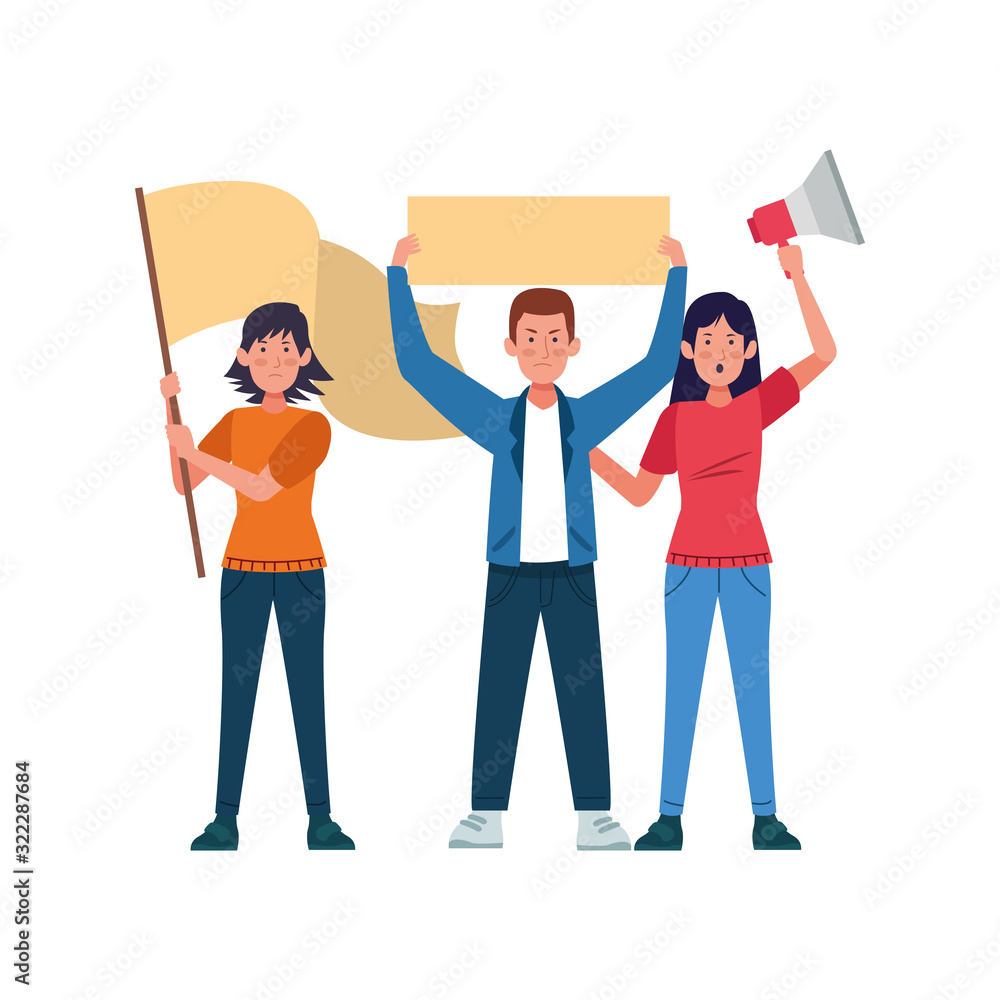 Fototapeta premium cartoon women and man standing holding blank signs and megaphone