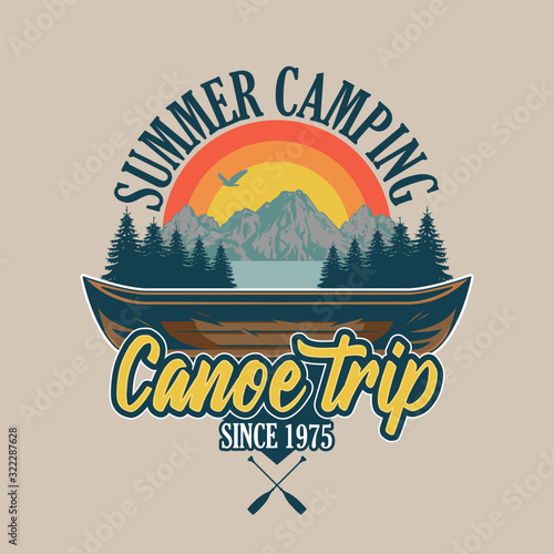 Vintage badges with wooden canoe for river trip