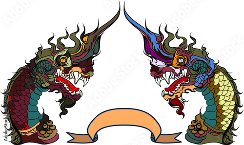 Hand drawn Thai Dragon silhouette and paper cut style, Line Thai is Thailand Style and Tattoo design.The Naga is a wild animal in the Himmapan Forest.