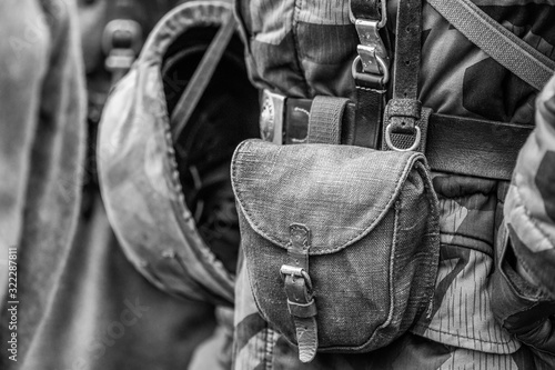 Ammunition pouch outfit of a German soldier during the second world war. Black and white shot photo