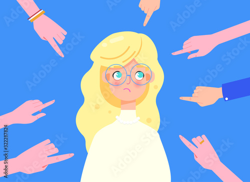 Sad young woman being bullied at work, fingers pointing at her. Discrimination and bullying, stress and pressure, public censure and victim blaming.