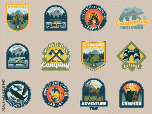 Set collection of vintage camping travel badges