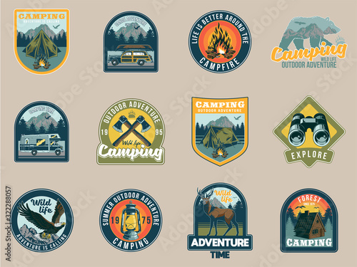 Set collection of vintage camping travel  badges