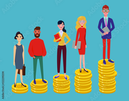 People standing on piles of different heights of coins, social stratification concept. Different salaries. Climbing social classes, with different incomes. Modern vector illustration.