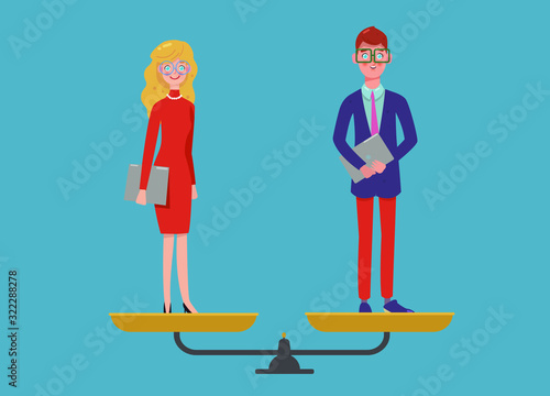 Man and woman are equal, business gender equality concept, equality of the sexes. Gender and pay equality on the office workplace. Modern flat vector illustration.