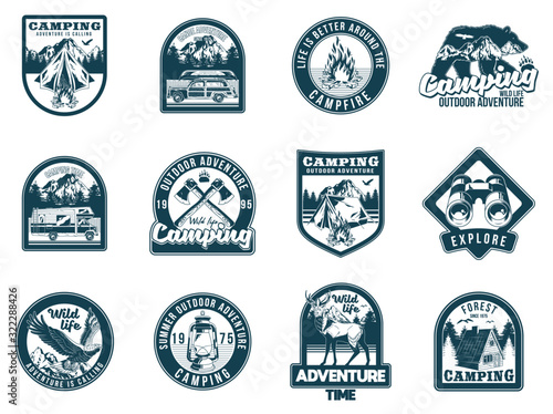 Set collection of vintage camping travel  badges