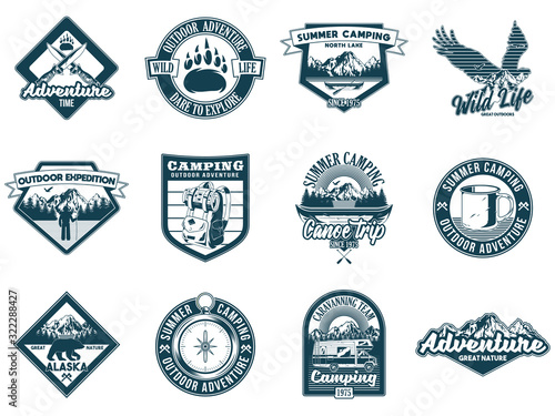 Set collection of vintage camping travel  badges